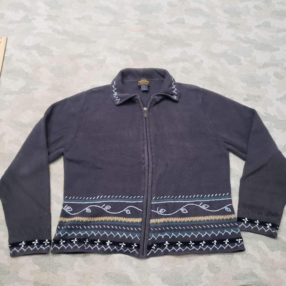 Woolrich Cardigan Sweater Womens Large Gray Embroidered Ramie Blend Full Zip